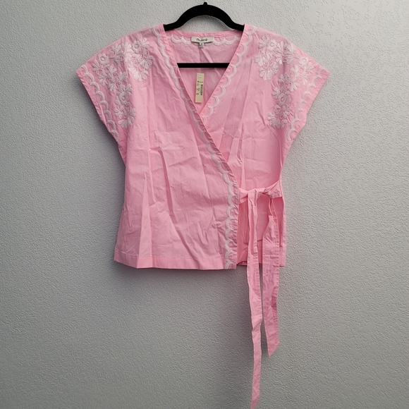 Madewell Tops - Madewell cotton embroidered pink wrap cap sleeve blouse top shirt v neck